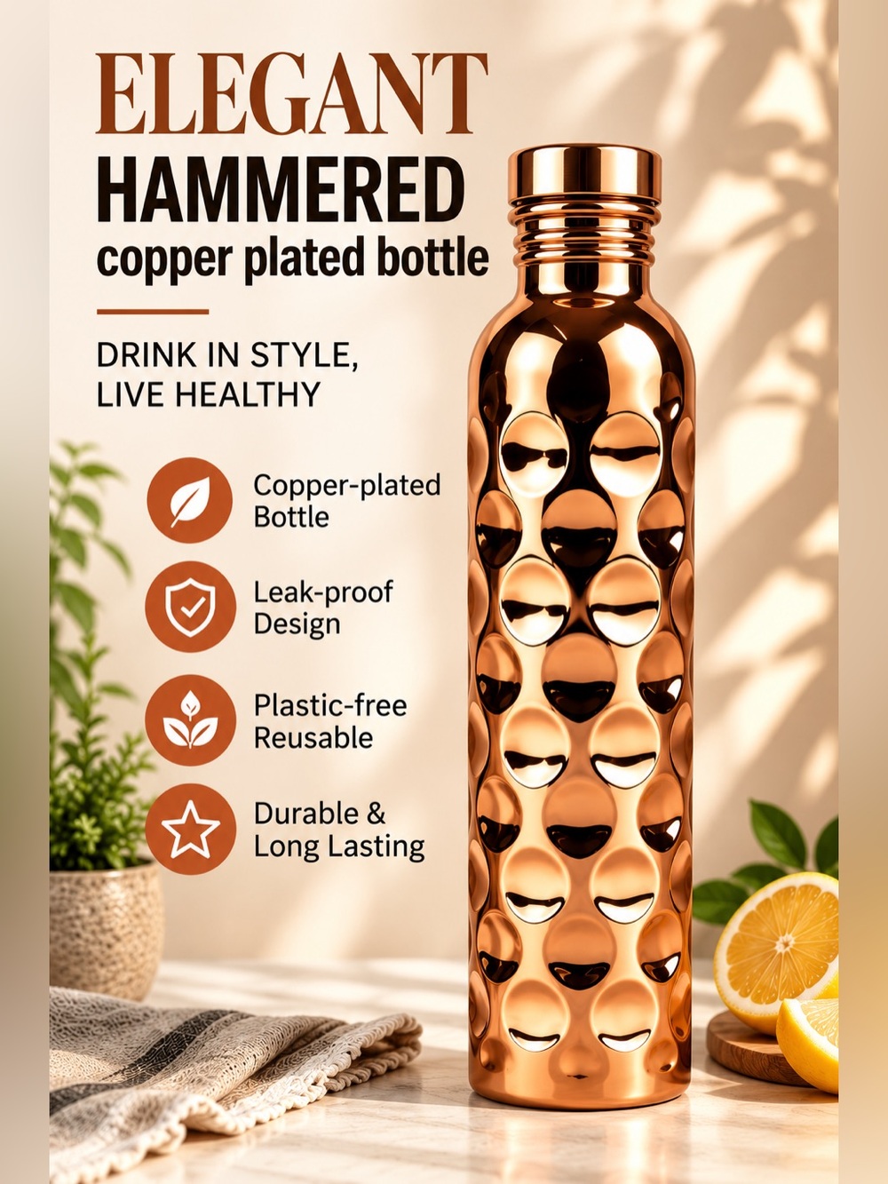 Copper Glow Hammered Water Bottle – 1000ml
